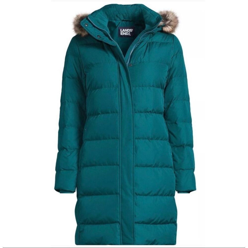 Lands End Down Feather Puffer Coat Fur Hooded Green Plus Size 2X Petite